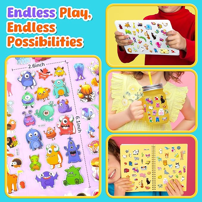 sinceroduct stickers for kids 4000+, 3d puffy stickers for kids toddlers 80 different sheets variety pack for craft scrapbooking,boys girls teachers gifts, reward for students or children