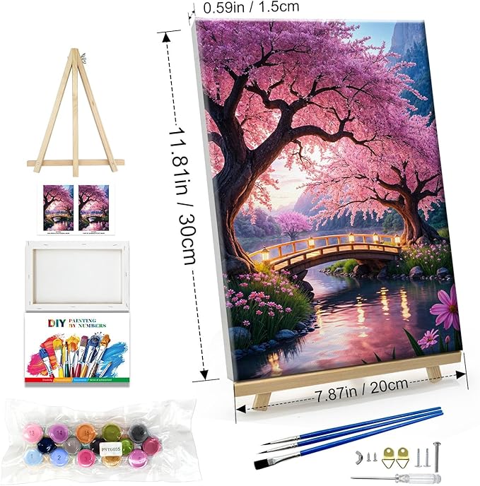 JOOZ Paint by Numbers Kit for Adults with Frame Sakura Paint by Number with Easel Tree Adult Paint by Number Kits Framed Canvas Mountain Waterfall Oil Painting Kits for Gift Home Wall Decor 8x12 Inch