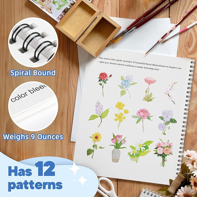 Teswarha Watercolor Workbook Using Thick Real Cotton Watercolor Paper for Adults Teens Spiral Bound 300GSM Art Paper 12 Sheets Flowers 8.2 x 9.8in