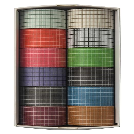 12 Rolls Grid Washi Tape Set Plaid Arts Adhesive Tapes Basic Patterns Decorative Masking Tape Sets for Craft, Kids, Scrapbook, DIY, Gift Wrapping (Style One)