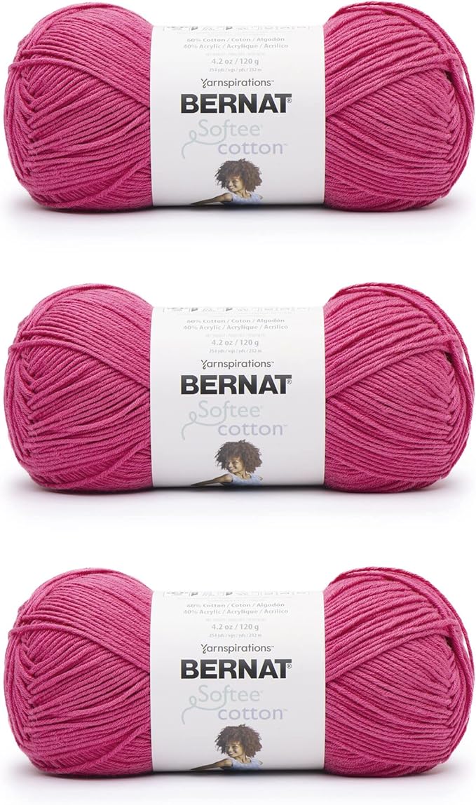 Bernat Softee Cotton Fuchsia Yarn - 3 Pack of 120g/4.25oz - Nylon - 3 DK (Light) - 254 Yards - Knitting, Crocheting & Crafts