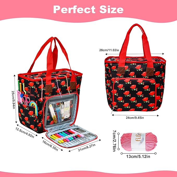 LOOEN Knitting Tote Bag with Yarn Hole, Crochet Bag Storage Organizer, Knitting Bag with Hole,Crochet Storage（Dainty Rose）