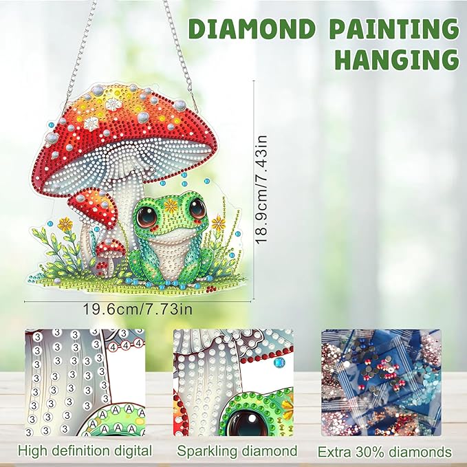 MAXBYE Frog Mushrooms Diamond Art Painting Kits for Adults Beginners Hanging Pendent, DIY 5D Special Shaped Crystal Diamond Painting Kits Ornament for Gift Home Wall Door Decor 8×8 Inch