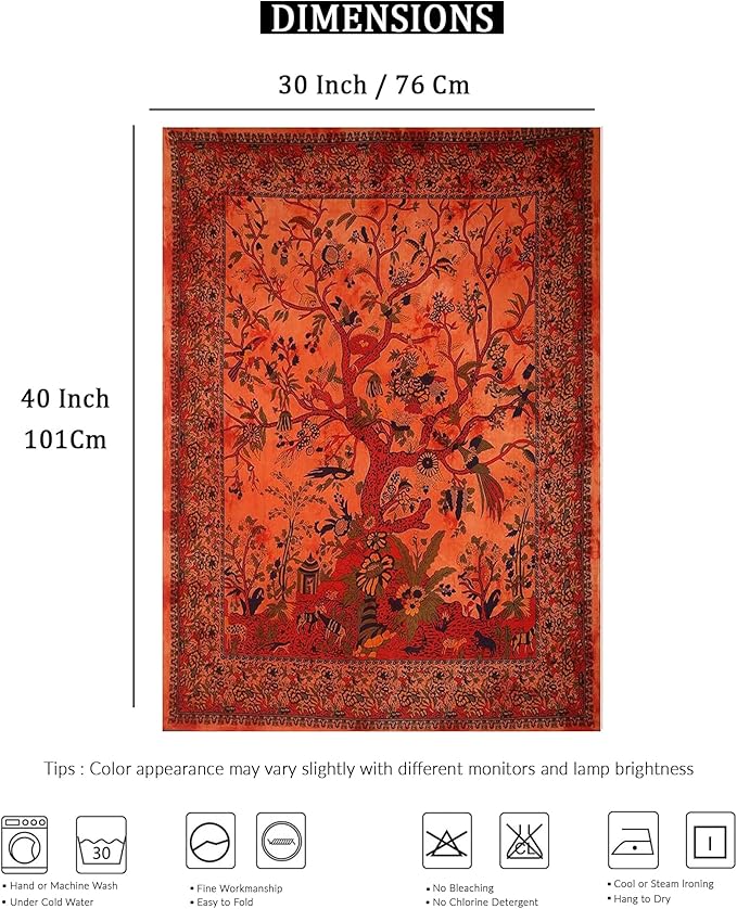 the art box tapestry orange tree of life wall hanging – indian cotton small size bedspread, picnic sheet, wall decor, blanket, wall art for bedroom (30x40 inch)