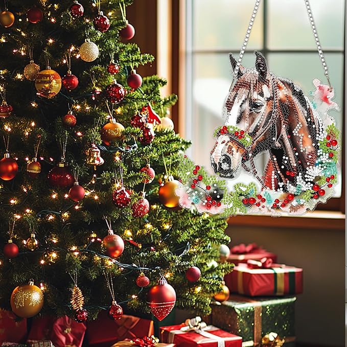 SENQAO Christmas Diamond Art Hanging Kits for Adults, Christmas Horse Diamond Art Suncatchers, 5D Special Shape Diamond Painting Pendant Window Ornament Gifts for Home Door Wall Decor