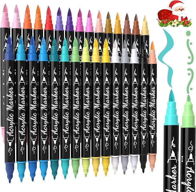 30 Colors Acrylic Paint Markers - Waterproof Dual Tip Acrylic Paint Pens with Brush & Fine Tip Professional Marker Set Scrapbook Markers for Paper Rock Wood Fabric Glass Ceramic and DIY Crafts
