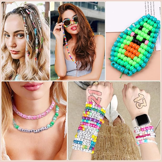 3080 Pcs Pony Beads for Bracelet Making Kit, 56 Colors 6x9mm Rainbow Kandi Beads, Friendship Kandi Bracelet Kit with 800 Pcs Colorful Alphabet Letters for Jewelry Making for DIY Crafts Gifts