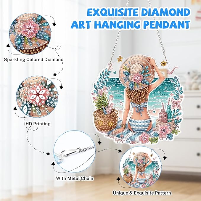 Bowetile Summer Diamond Art Hanging Kits for Adults, Diamond Art Suncatchers Beach Vacation, 5D Special Shape Diamond Painting Pendant Window Ornament Gifts for Home Wall Door Garden Decor