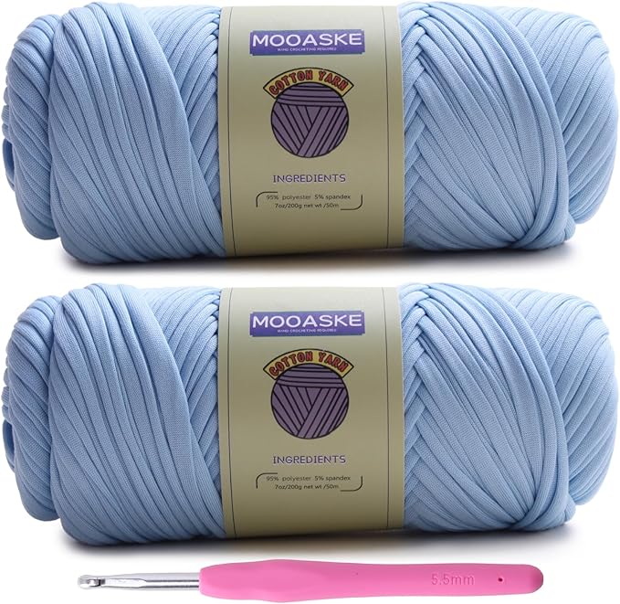 2 Pack T-Shirt Crochet Yarn for DIY Knitting Crochet Cloth Blanket Bag Dolls - 400g Chunky Thick Yarn for Crocheting with Polyester-Spandex Blend Elastic Fabric (Sky Blue)