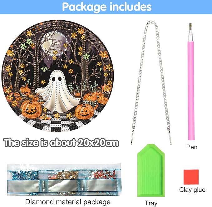 Reofrey Hanging Diamond Art Kits for Adults - 8x8 Inch Halloween Ghost Acrylic Board Double Sided Pattern Diamond Art Suncatcher Pendant, Crystal Art for Wall or Window Decoration Handmade Gift
