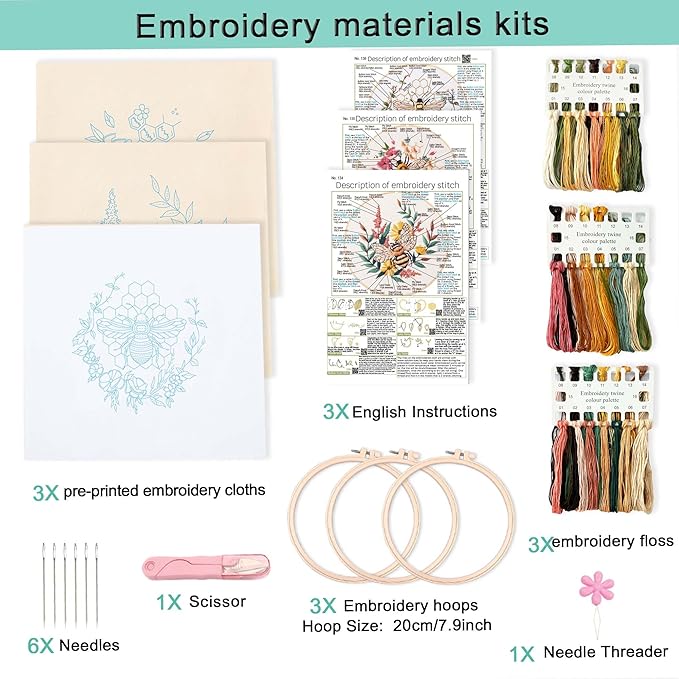 reewisly 3 pack embroidery starter kit patterns, diy adult cross stitch kits beginner, including 3 plastic embroidery rings, 1 scissors, colored threads,needles and instructions