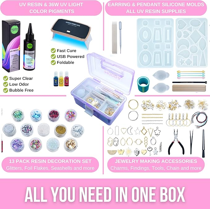 MODDA UV Resin Jewelry Making Kit, UV Lamp & Video Course Included, DIY Resin Kit for Adults, Teen Girls, Beginners with Molds, Glitters & Accessories