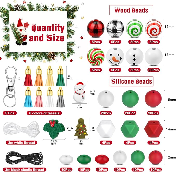 Lucomb 217 PCS Christmas Silicone Beads Bulk 15mm Silicone Beads Xmas Christmas Wooden Beads C y Cane Wood Beads Loose Rubber Beads Abacus Focal Beads Keychain Necklace Making Pens Crafts Ornament