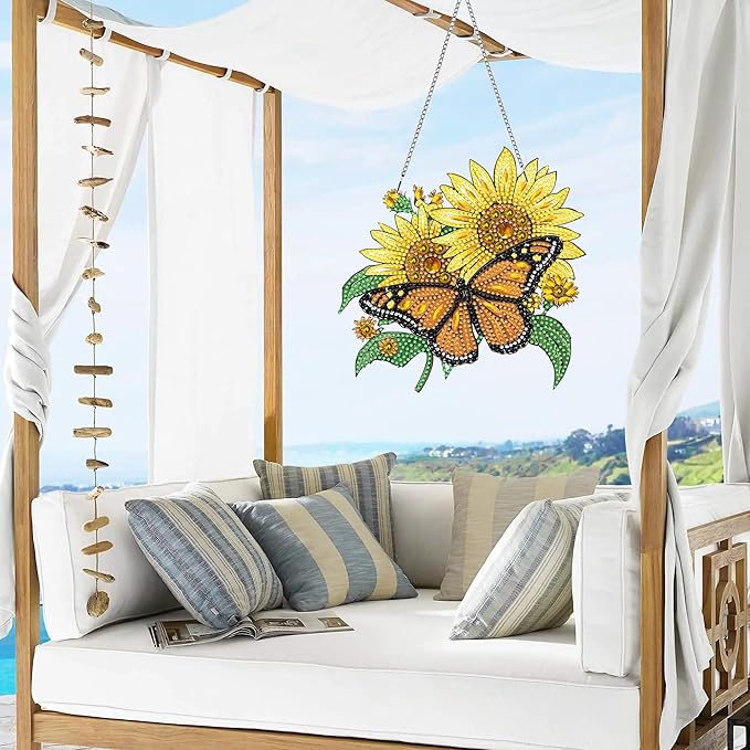 VAIIEYO Butterfly Diamond Painting Hanging,Sunflower Double Side Window Hanging Kit with Chain, 7.5x7.5 inch Crystal Pendant Art Craft for Gift Wall Front Door Decoration-2