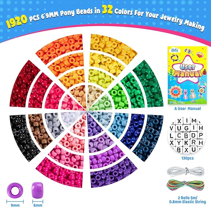 Zefy Pony Beads for Bracelets and Crafts, 32 Colors Kandi Beads with 10 Kandi Cuff Designs and 6 Bead Pets Designs, Friendship Bracelet Kit with Letter Bead for Keychain Jewelry Making (2000+ Pcs)