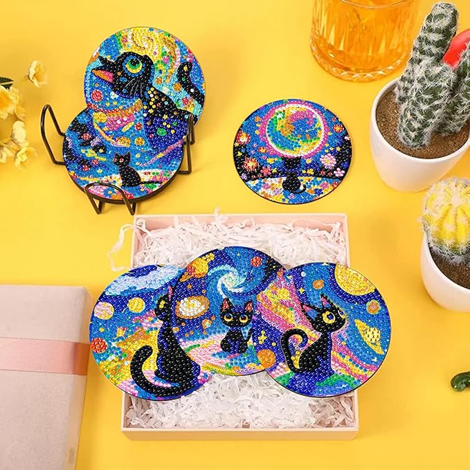 10 PCS Diamond Art Coasters Kit, Small Diamond Painting Coasters, Fall Diamond Art Kits for Adults Beginners, Arts and Crafts Supplies Item Sets with Holder Black Cat