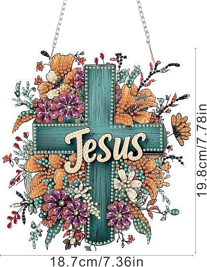 SENQAO Cross Flower Diamond Art Hanging Kit for Adult, Special Shaped Rhinestone,DIY Acrylic 5D Diamond Art Painting Window Pendants Home Garden Wall Hanging Kits Hanging Ornament（Jesus）