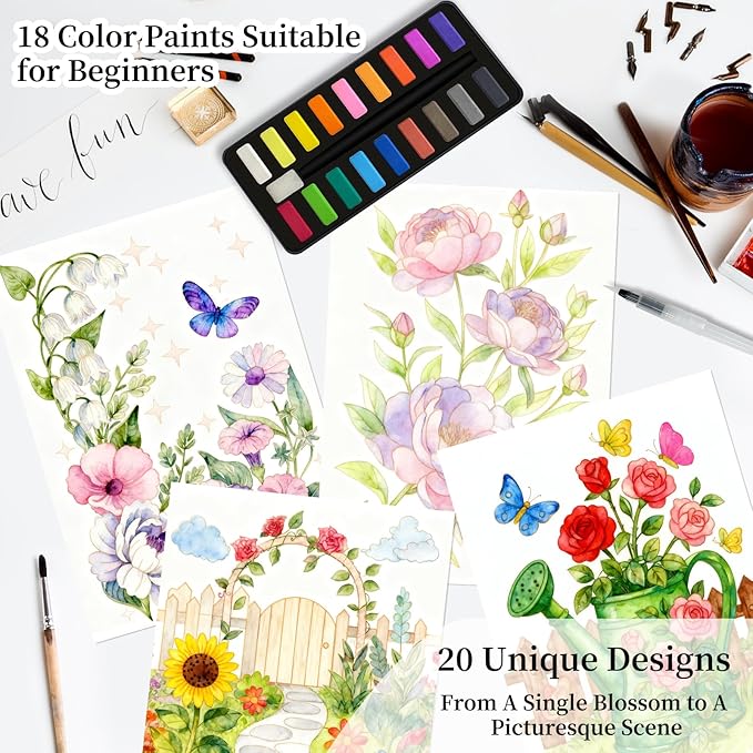 Elfew Watercolor Workbook Set for Adults & Beginners, 18 Color Watercolor Paint with Self-Watering Brush Pen, 20 Beautiful Watercolor Paintings for Adults