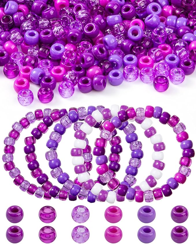 1000+ Pcs Pony Beads – Assorted Matte Purple & Rainbow Barrel Beads for Adult Jewelry Making, Bracelets, Necklaces, Keychains, Decorative Crafts