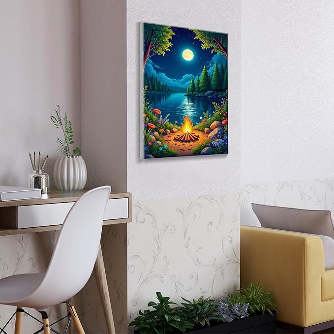 ATDMS Landscape Paint by Numbers Kit for Adults with Frame Moon Paint by Number with Easel Lake Adult Paint by Number Kits Framed Canvas DIY Oil Painting by Numbers for Gift Home Wall Decor 8x12 Inch