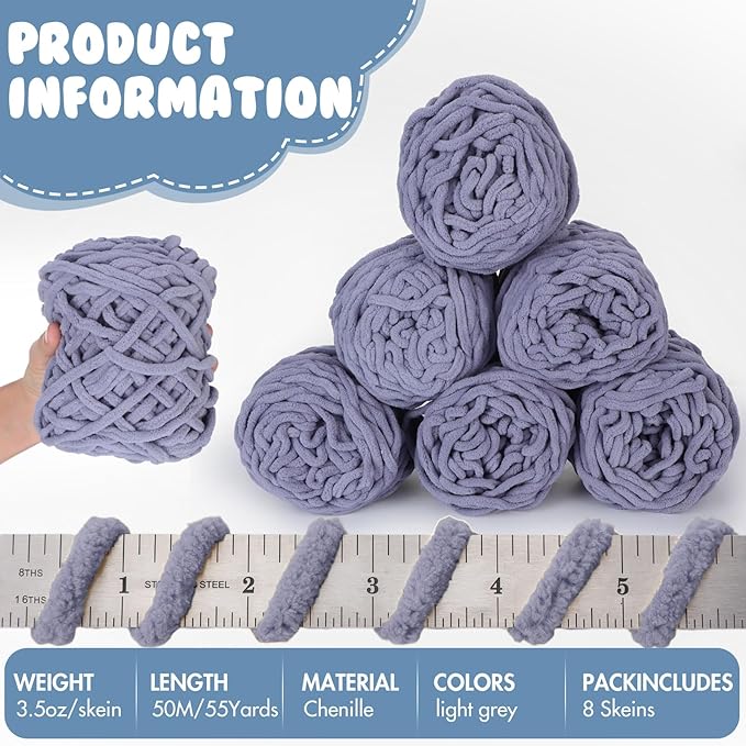 Buryeah Chunky Chenille Yarn for Crocheting Soft Thick Fluffy Yarn for Hand Knitting Bulky Velvet Blanket Plush for Weaving DIY Crafts Each 3.5 oz 55 Yards(Light Gray,8 Pack)