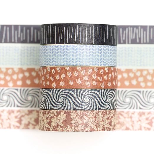 Fantasy Washi Tape Set - 5 Rolls Texture Arts Adhesive Tapes Basic Patterns Decorative Masking Tape Sets for Craft, Kids, Scrapbook, DIY, Gift Wrapping (1-Earthy Abstract)