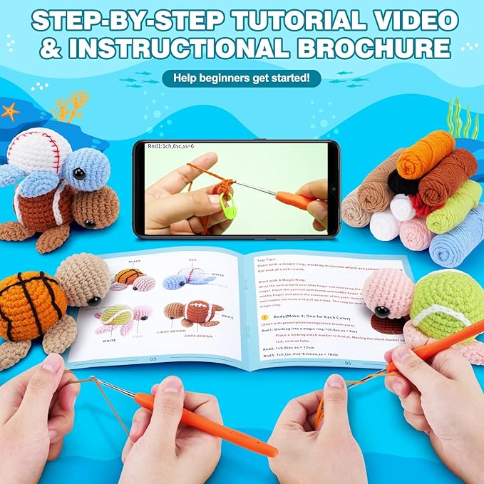 Fortuning's JDS Crochet Kit for Beginners -4 PCS Turtle Crochet Kit with Step-by-Step Video Tutorials, Beginner Crochet Kits for Adults, Animal Crochet Turtle Ball Games Set
