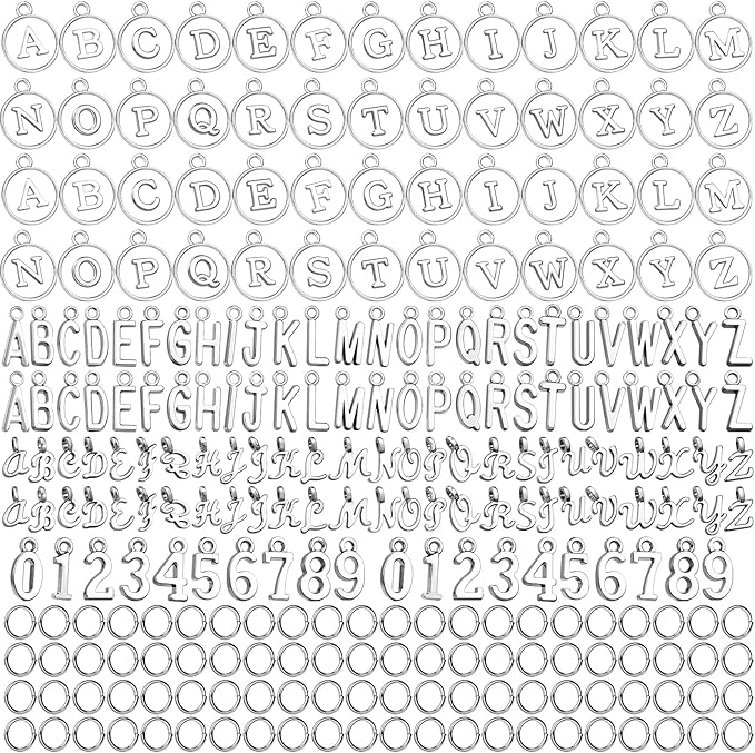 LEOBRO Letter Charms, 376 Pcs Silver Charms for Keychain Making, Bracelet Necklace Charm & Jump Rings, Jewelry Making Supplies, Silver
