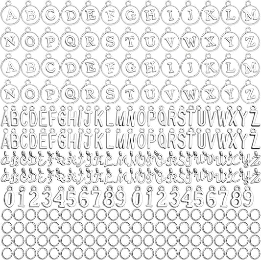 LEOBRO Letter Charms, 376 Pcs Silver Charms for Keychain Making, Bracelet Necklace Charm & Jump Rings, Jewelry Making Supplies, Silver