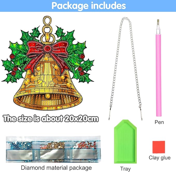 Reofrey Hanging Diamond Art Kits for Adults - 8x8 Inch Christmas Bells Acrylic Board Double Sided Pattern Diamond Art Suncatcher Pendant, Crystal Art for Home Wall or Window Decoration Handmade Gift