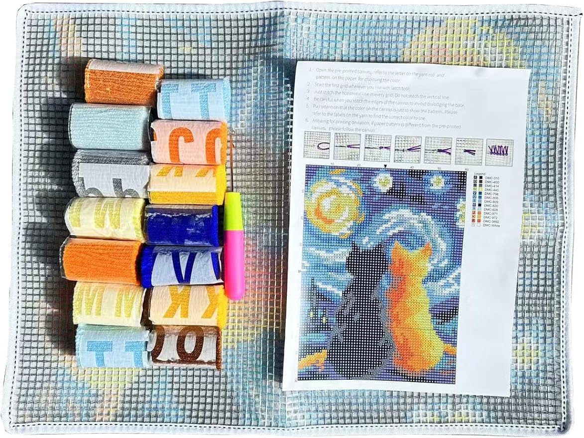 GLAECYY Latch Hook Kits Rug Crochet Yarn Kit Cushion Colour Pre-Printed Canvas Rug Needlework DIY Hook and Latch Kit (Star Cat)
