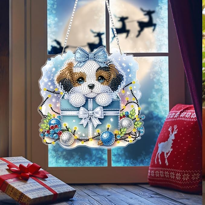 Bowetile Christmas Diamond Art Hanging Kits for Adults, Diamond Art Suncatchers Dog, 5D Special Shape Diamond Painting Pendant Window Ornament Christmas Gifts for Home Door Wall Decor