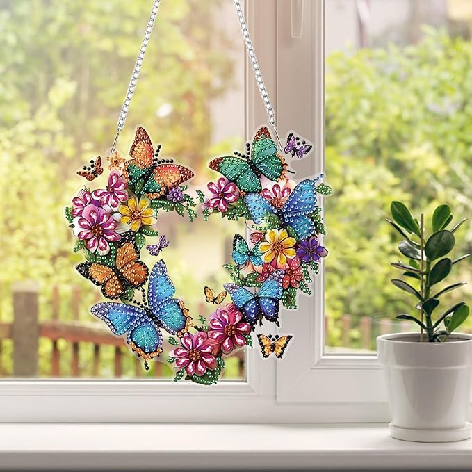 HEIBAGO Diamond Art Hanging Kits for Adults Kids, Hanging Diamond Art Butterfly, 5D Special Shaped Crystal Diamond Painting Kit Flower, DIY Pattern Window Pendant for Home Wall Decor 8.3x8.3Inch