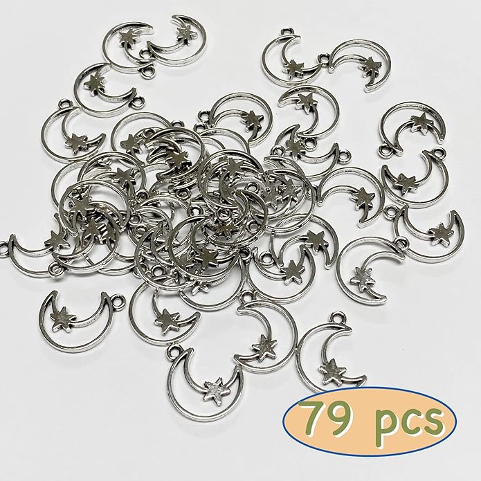 Heather's cf Celestial Beads Moon Charms Pendant Jewelry Making Earrings Necklace Bracelet Kit Findings Jump Rings Lobster Clasp Vintage Finish Plated Non Tarnish Look (Silver Star, 79-150Pcs)