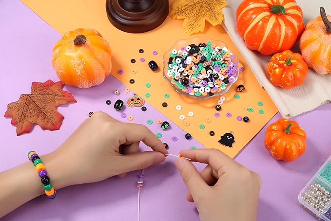 Halloween Beads for Friendship Bracelet Kit, 2000+ Pcs Halloween Clay Beads and Black Letter Bracelet Making Kit Suitable for Ages 14 and Above
