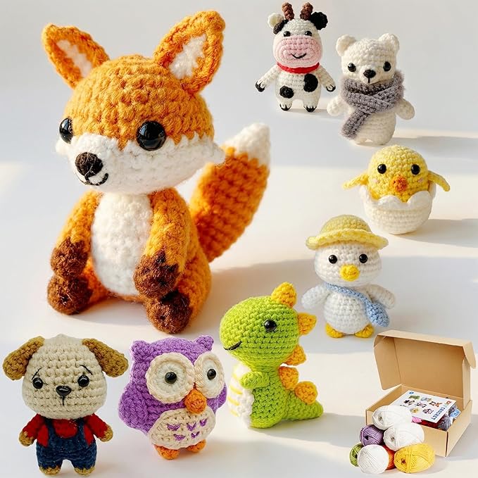 QIMIALOL 8pcs Easy Crochet Kit for Beginners, 2026 Crochet Stuffed Animal Kit for Adults and Kids Aged 12+, Best DIY Craft Gift for Family and Friends