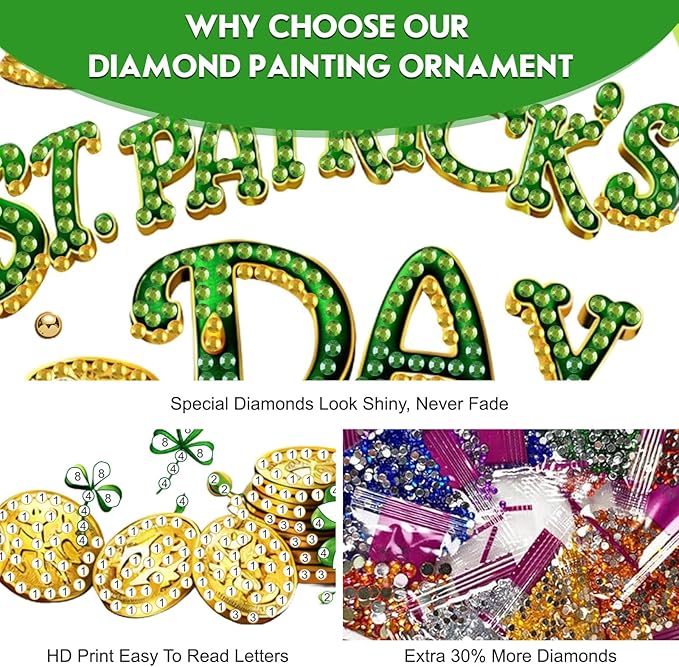 NEWENMO DIY Hanging Diamond Art Pendant Painting Kit, Happy St. Patrick's Day, Special Shaped Crystal Gem Craft Painting Kit Ornament, Diamond Ornament for Home Garden Wall Hanging, Lucky Gold Coin