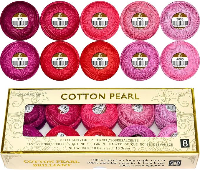 Double Mercerized Egyptian Long Staple Cotton Pearl Thread Ball 10 Grams Rainbow Color Embroidery Thread 10 Colors per Box for Crochet Hardanger Cross Stitch Hand Embroidery,red Series