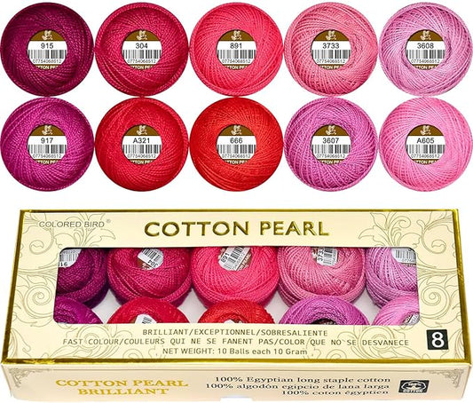 Double Mercerized Egyptian Long Staple Cotton Pearl Thread Ball 10 Grams Rainbow Color Embroidery Thread 10 Colors per Box for Crochet Hardanger Cross Stitch Hand Embroidery,red Series