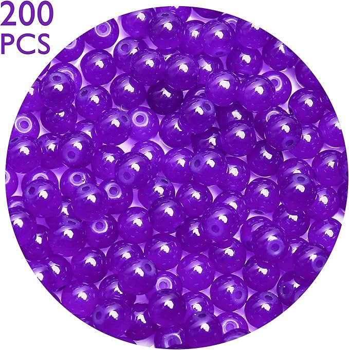200PCs 8mm Deep Purple Jade Glass Beads Bulk, Round Smooth Hole Glass Crystal Beads for Jewelry Making, DIY Bracelets, Necklaces, Bag Charms, Keychains and Craft Projects