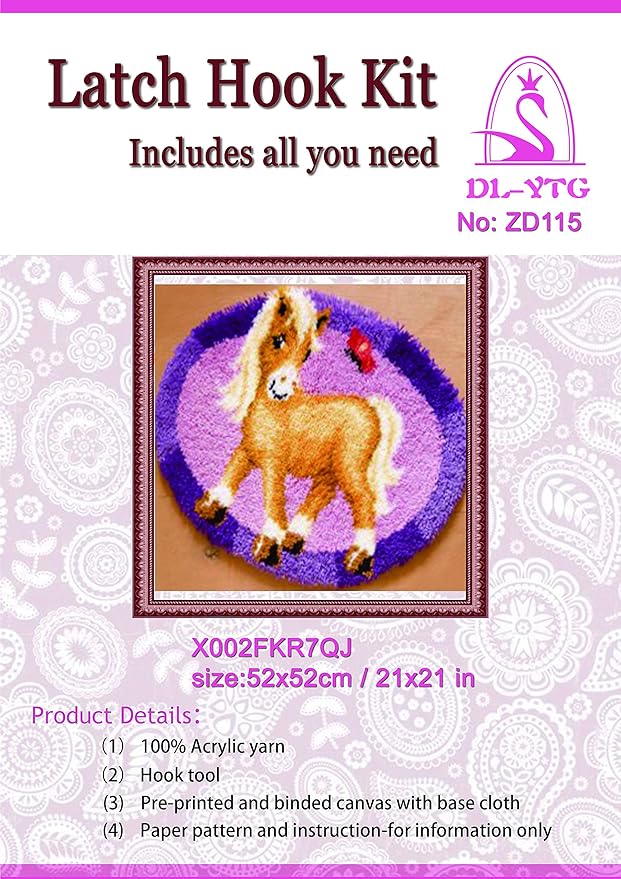 DL-YTG DIY Latch Hook Kits Pink Horse Throw Carpet Embroidery Cover Rug Pattern Color Printed Canvas 32x32in, Crochet Needlework Crafts for Kids and Adults