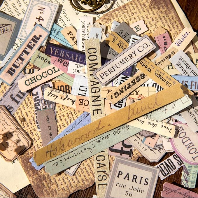 Vintage Fragmented Label Stickers, 400 PCS Washi Ephemera for Scrapbooking, Journaling, Crafting, DIY Projects, Diaries, and Art Supplies - 2 Iron Boxes Included