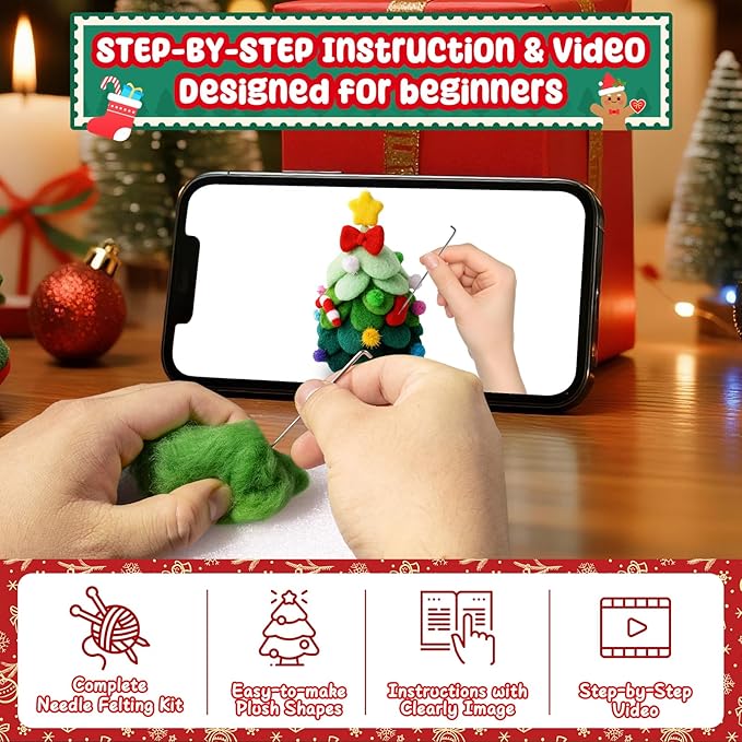 KIDS KING Needle Felting Kit for Handicraft Beginners Teens & Adults – Christmas Tree Felting with Instruction, Material Tools: Wool, Needles, Felting Pad, Home Decorations Christmas Gifts