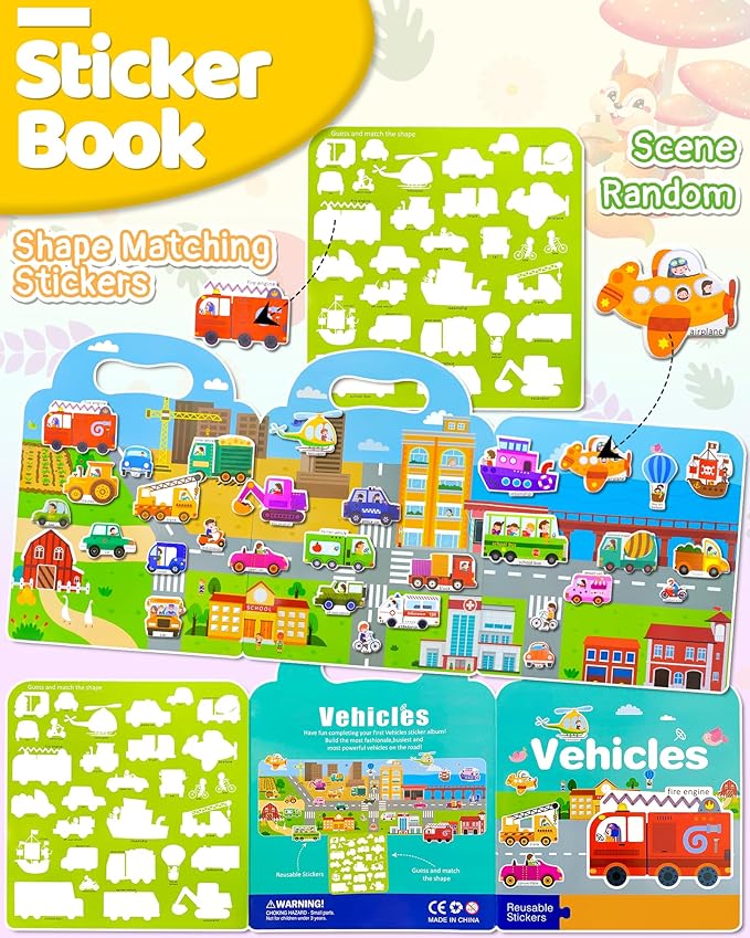 benresive reusable sticker books for kids, sticker books for toddlers, toddler travel toys activities crafts ages 3 and up birthday gifts - vehicle