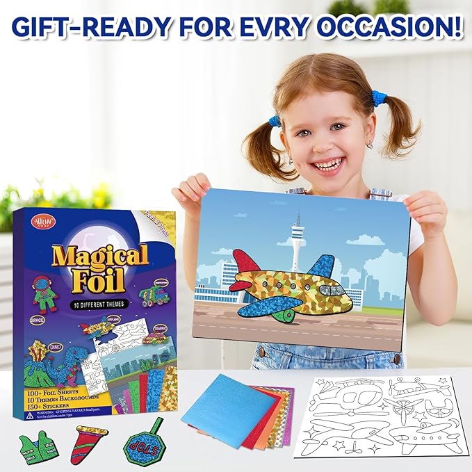 atfunshop magical foil art space dinosaur traffic construction & airplane - no mess foil craft kit for kids ages 4 5 6 7 8 9 fun creative diy activity, ideal birthday gift for boy