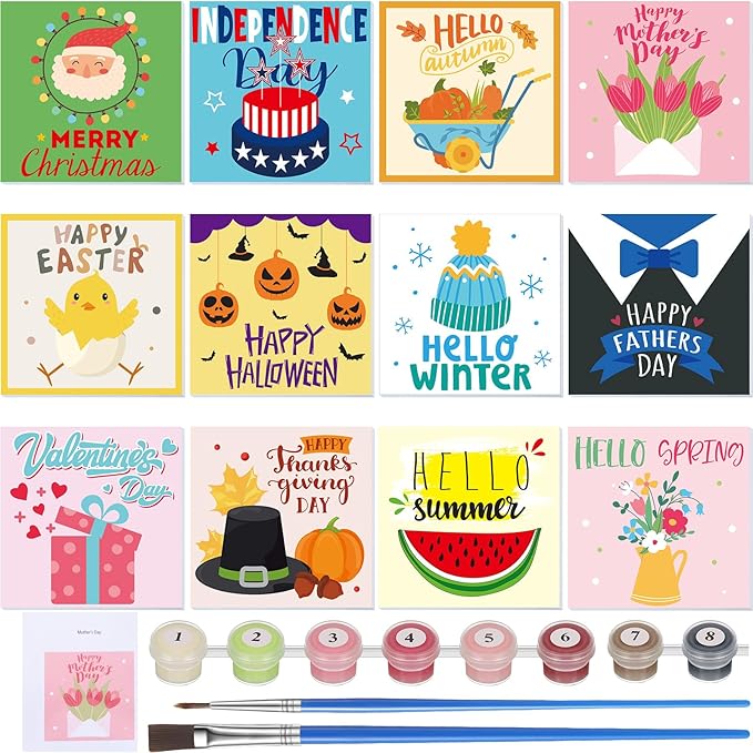 Nezyo 12 Sets Paint by Numbers Kit with Frame for Adult Beginners, Paint by Number DIY Acrylic Painting Canvas for Painting Party, Classroom Activity Birthday Gift, 8 x 8 Inch