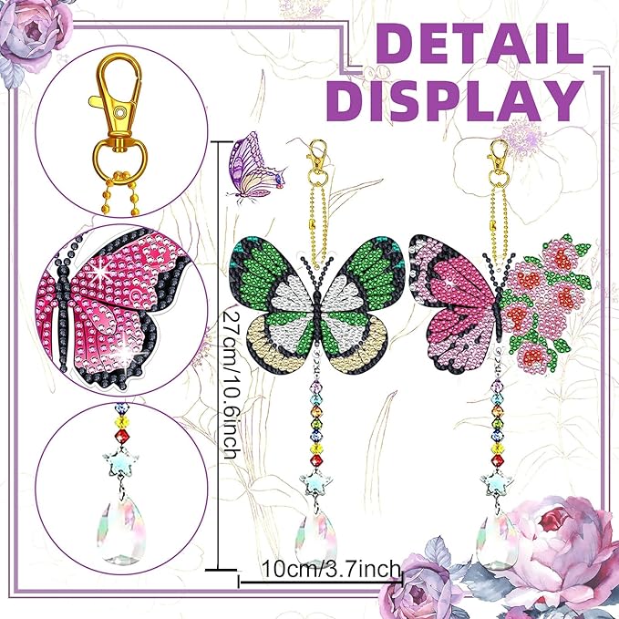 6 Pcs Butterfly Diamonds Paintings Kits Suncatcher Double Sided Rhinestone Painting Wind Chimes 5D DIY Diamond Painting Kits Paint by Number Crystal Hanging Ornaments Mom Gifts