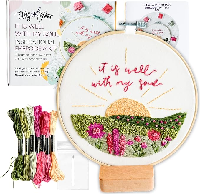 elly & grace christian embroidery kit with embroidery hoop, easy embroidery kit for beginners and adults, full embroidery hoop kit with needles and thread included (it is well)