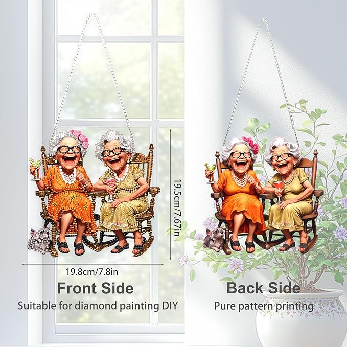 TOSTOG Diamond Art Hanging Kits for Adults, Happy Grandma Diamond Painting for Adults Window Pendant,Special Shape Diamonds Diamond Painting Hanging Pendant Kit for Wall Home Decor Gift
