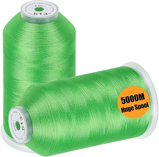 New brothread - 2 Huge Spools 5000M Each Polyester Embroidery Machine Thread 40WT for Commercial and Domestic Machines - Lime Green